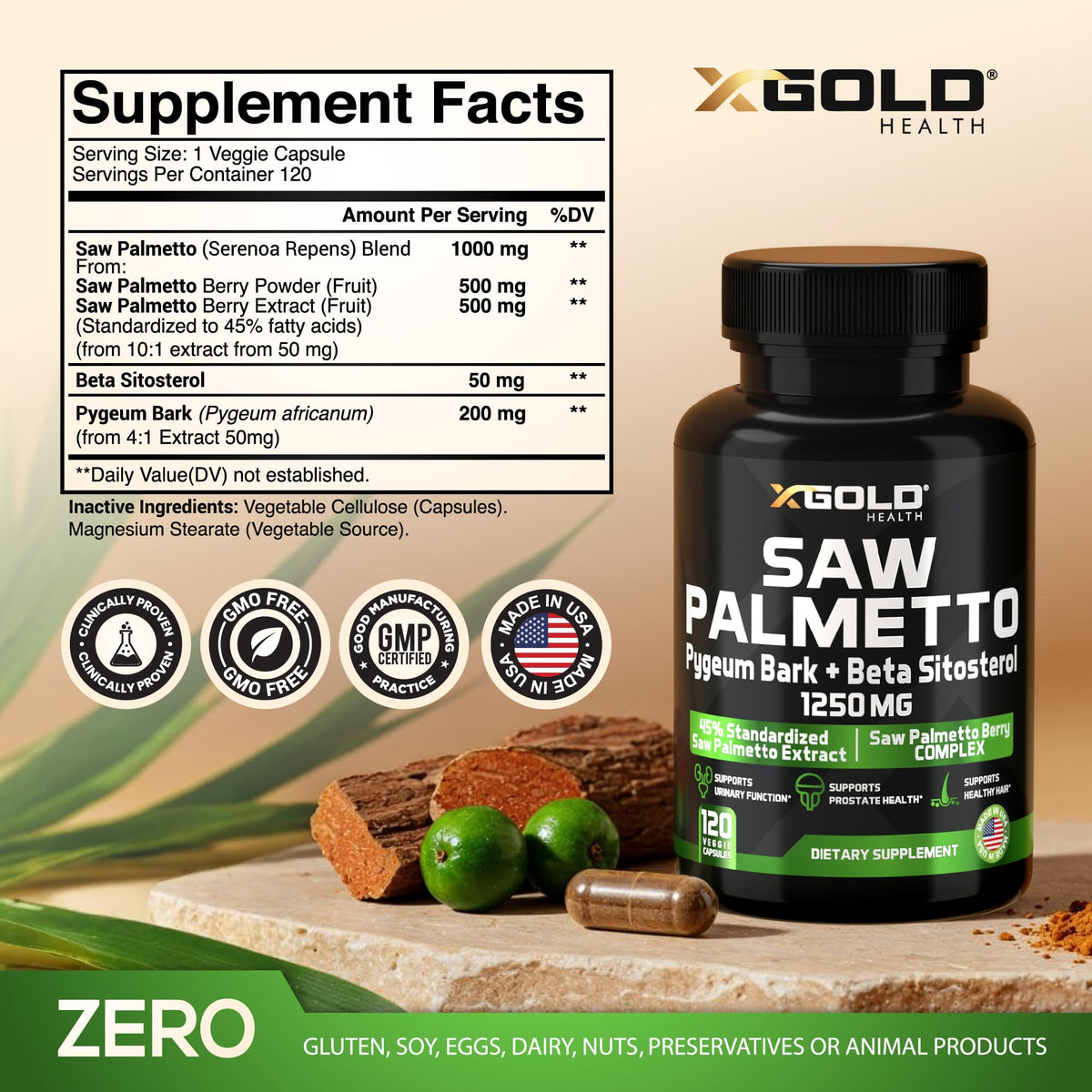 X Gold Health Complexe de Saw Palmetto 1250mg arrière de l'emballage