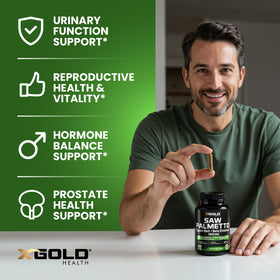 X Gold Health Complexe de Saw Palmetto 1250mg avec capsules à côté
