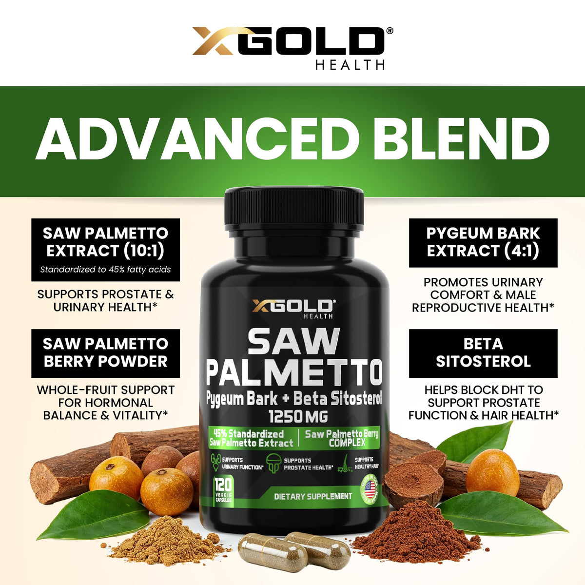 X Gold Health Complexe de Saw Palmetto 1250mg côté de l'emballage