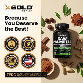 X Gold Health Complexe de Saw Palmetto 1250mg en utilisation sur une table