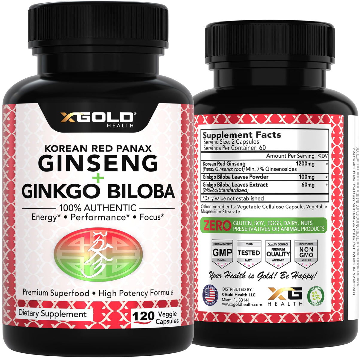 X Gold Health Ginseng Rouge Coréen et Ginkgo Biloba avec ingrédients