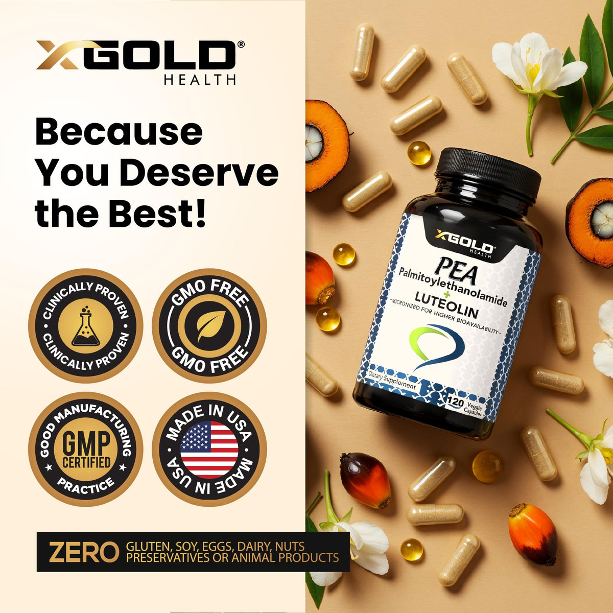 X Gold Health Palmitoylethanolamide 630 mg Luteolin capsules in hand