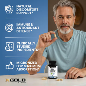X Gold Health Palmitoylethanolamide 630 mg Luteolin capsules on a table