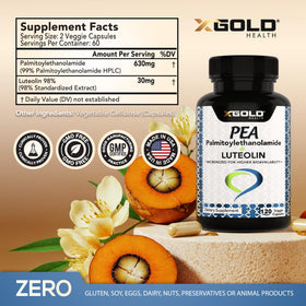 X Gold Health Palmitoylethanolamide 630 mg Luteolin capsules side view