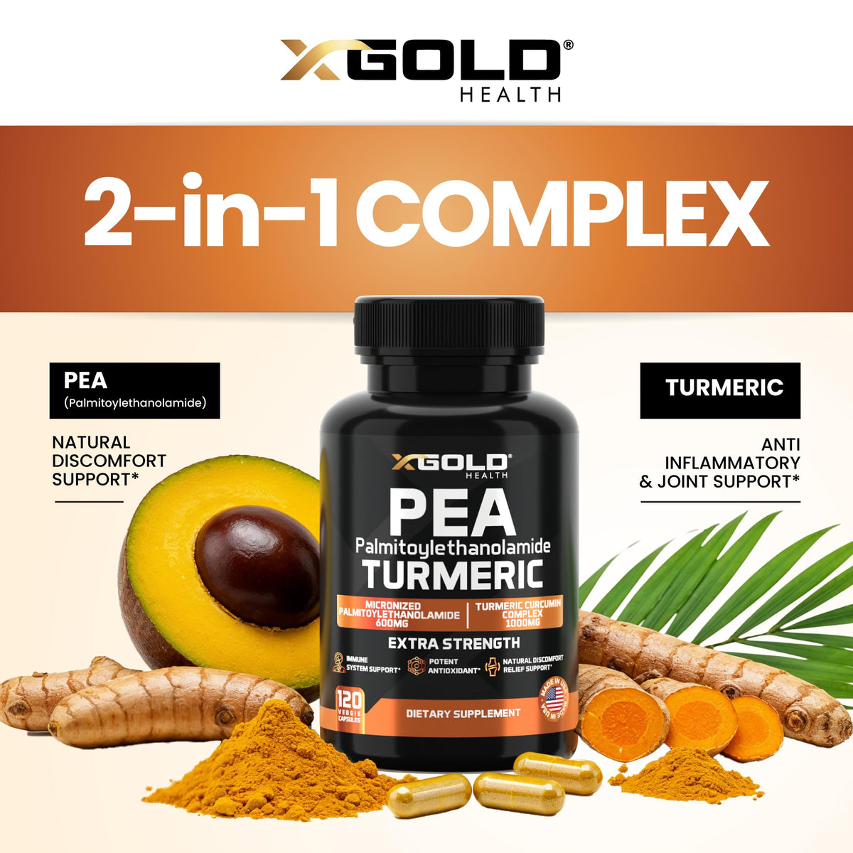 X Gold Health Pea Palmitoylethanolamide 1600mg capsules dans une main