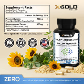 X Gold Health Phosphatidylserine & Bacopa Monnieri 800 mg complément avec étiquette