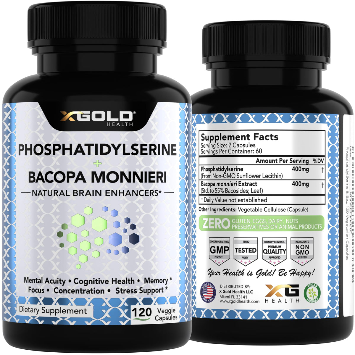 X Gold Health Phosphatidylserine & Bacopa Monnieri 800 mg complément sur fond blanc