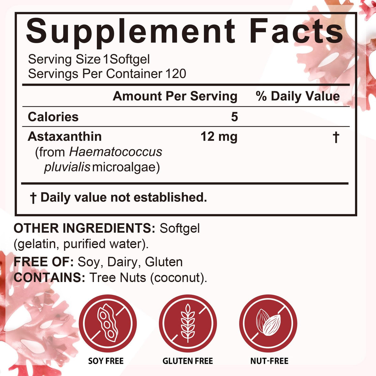 Xaarty Astaxanthin 12mg composition sur étiquette