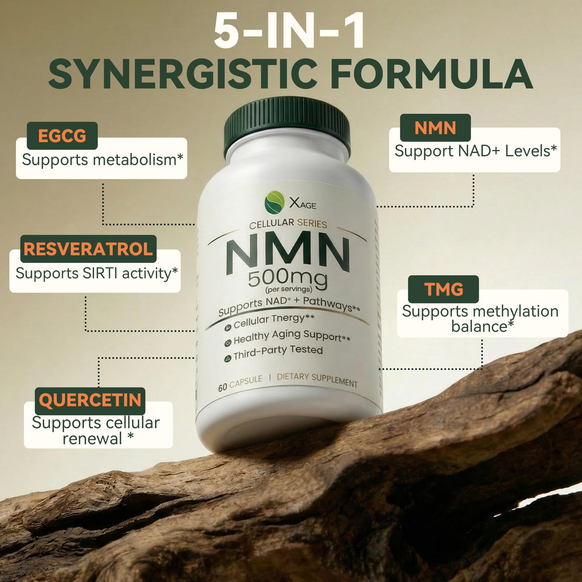 XAGE Complément NMN 500mg bouteille ouverte avec capsules