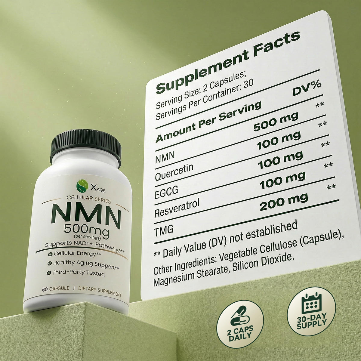 XAGE Complément NMN 500mg capsules sur une table