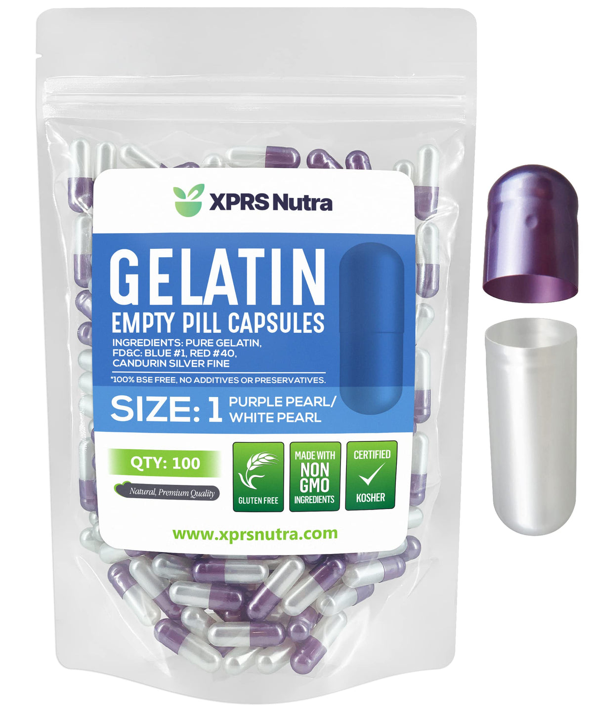 XPRS Nutra capsules vides Taille 1 en gélatine bovine, paquet de 100