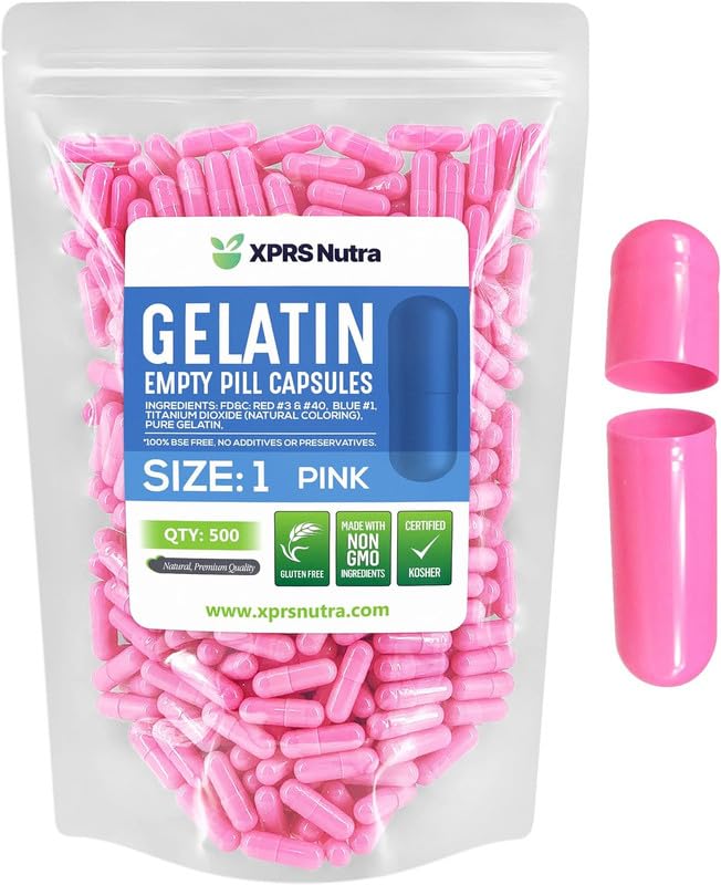 XPRS Nutra Capsules Vides Taille 1, vue frontale du paquet de 500 capsules roses