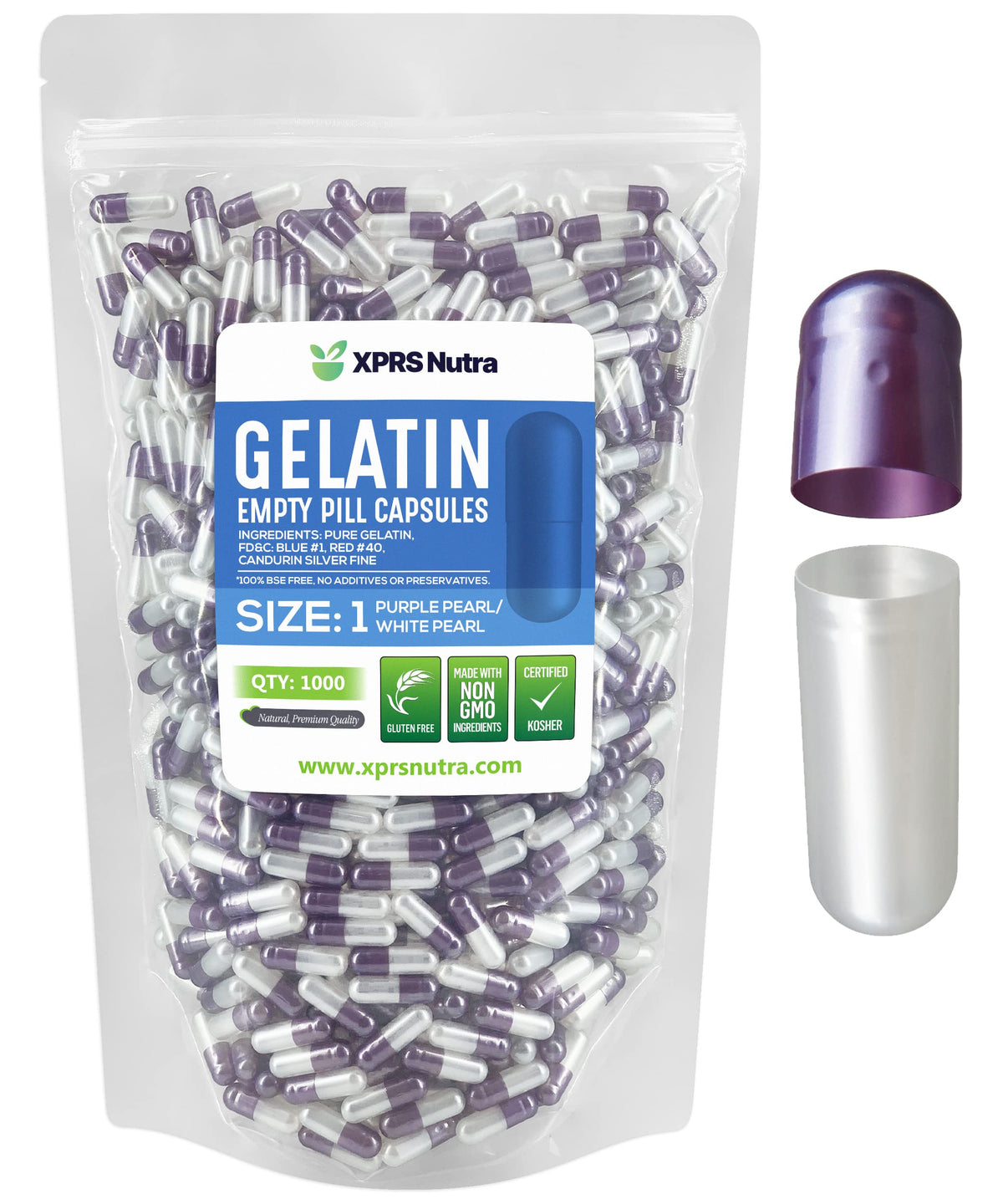 XPRS Nutra gélules vides Taille 1 vues de face, couleur perle violette et blanche