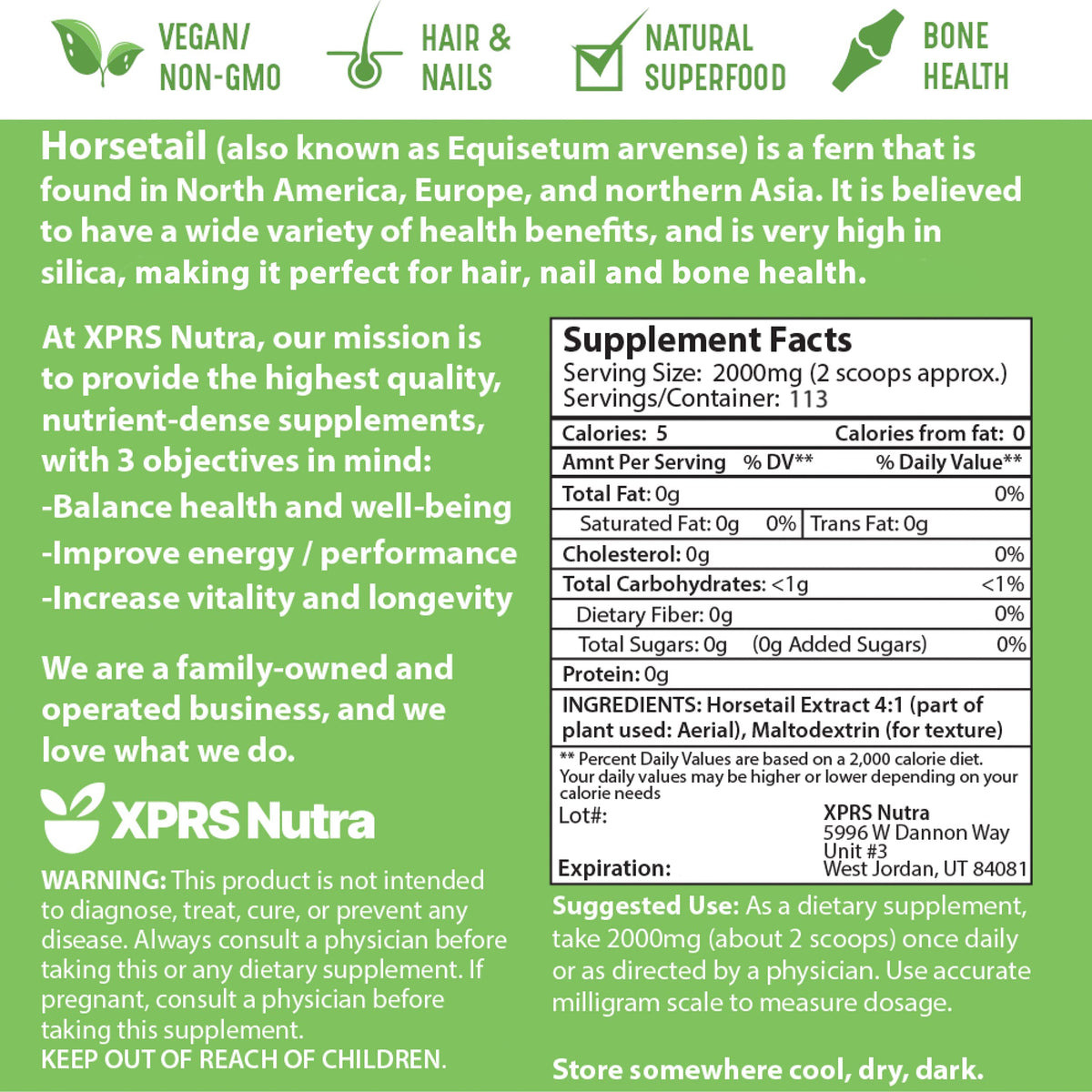 XPRS Nutra Poudre d'Extrait de Prêle 231g sur une table en bois