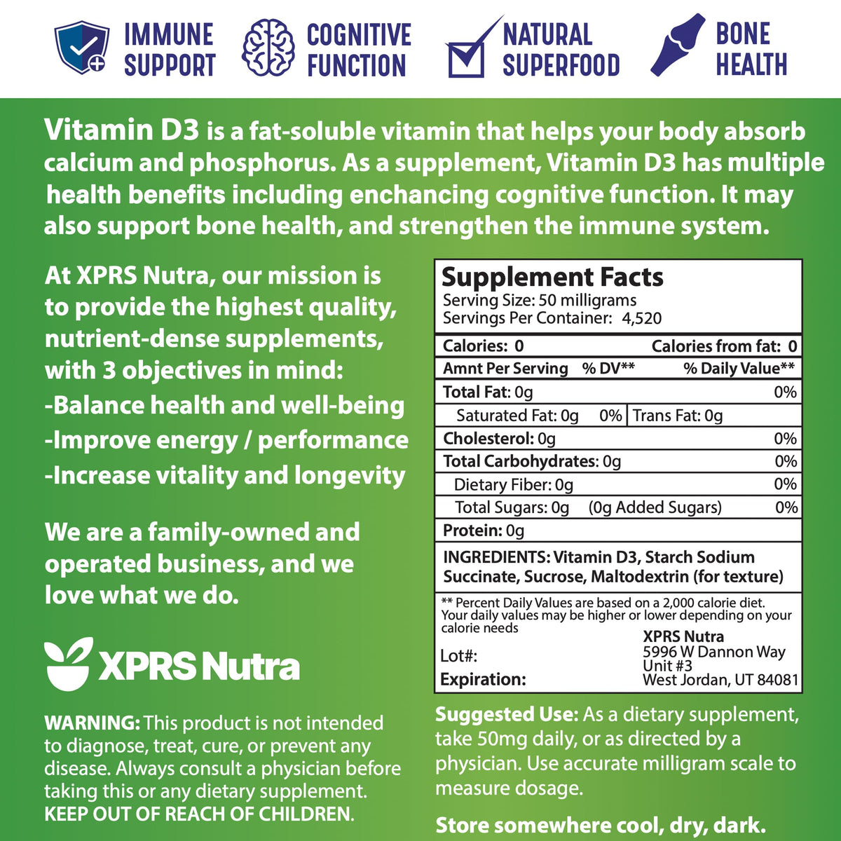 XPRS Nutra Poudre de Vitamine D3 5000 IU avec ingrédients naturels