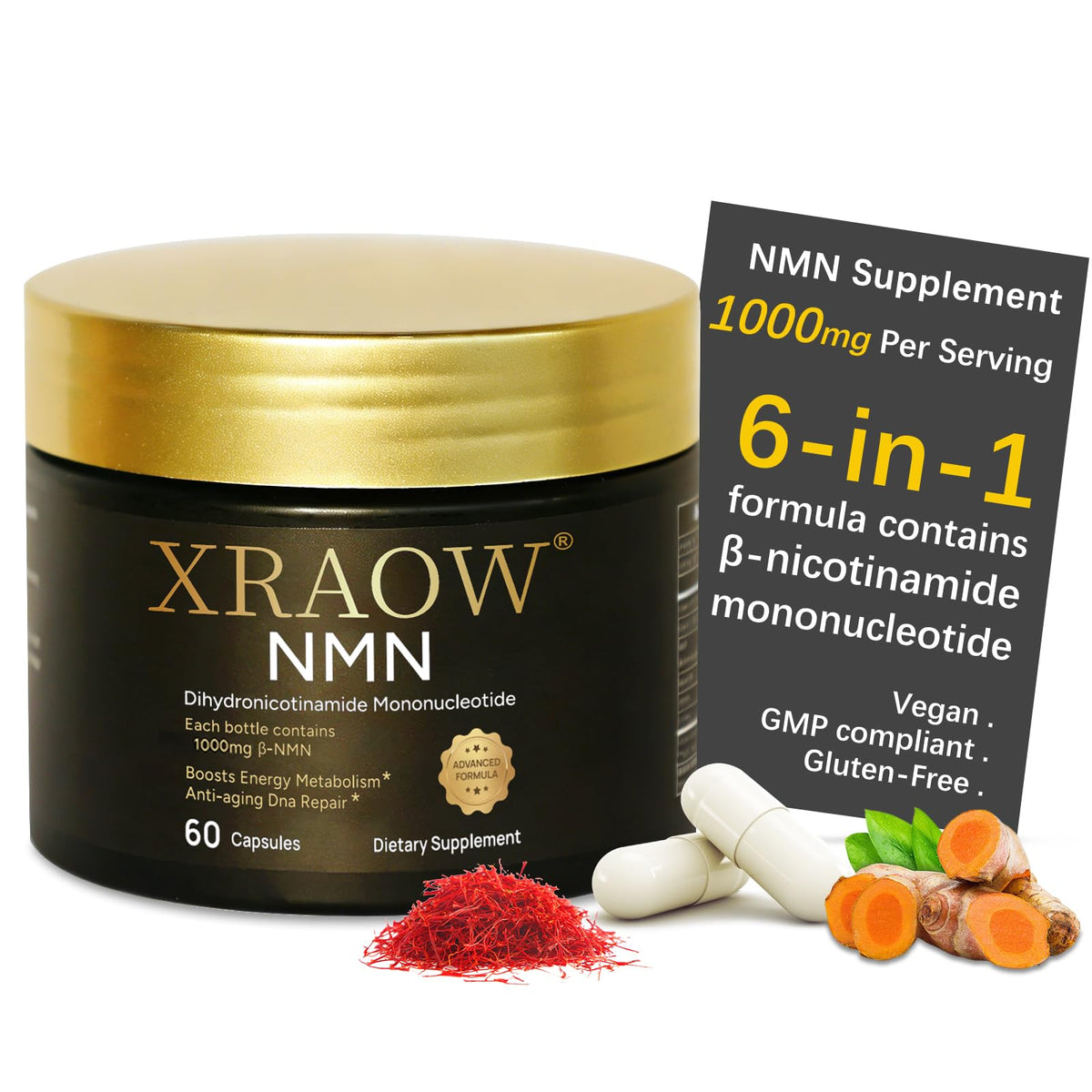 XRAOW Complément Alimentaire NMN 1000mg avant et arrière de l'emballage