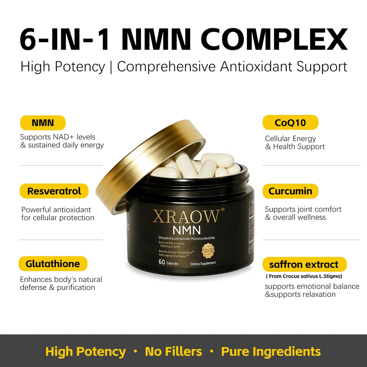XRAOW Complément Alimentaire NMN 1000mg capsules en gros plan