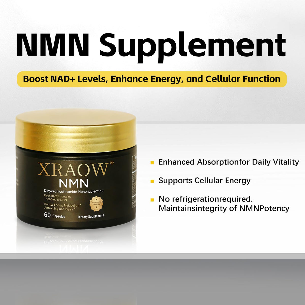 XRAOW Complément Alimentaire NMN 1000mg sur un bureau avec ordinateur