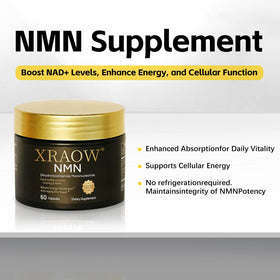 XRAOW Complément Alimentaire NMN 1000mg sur un bureau avec ordinateur