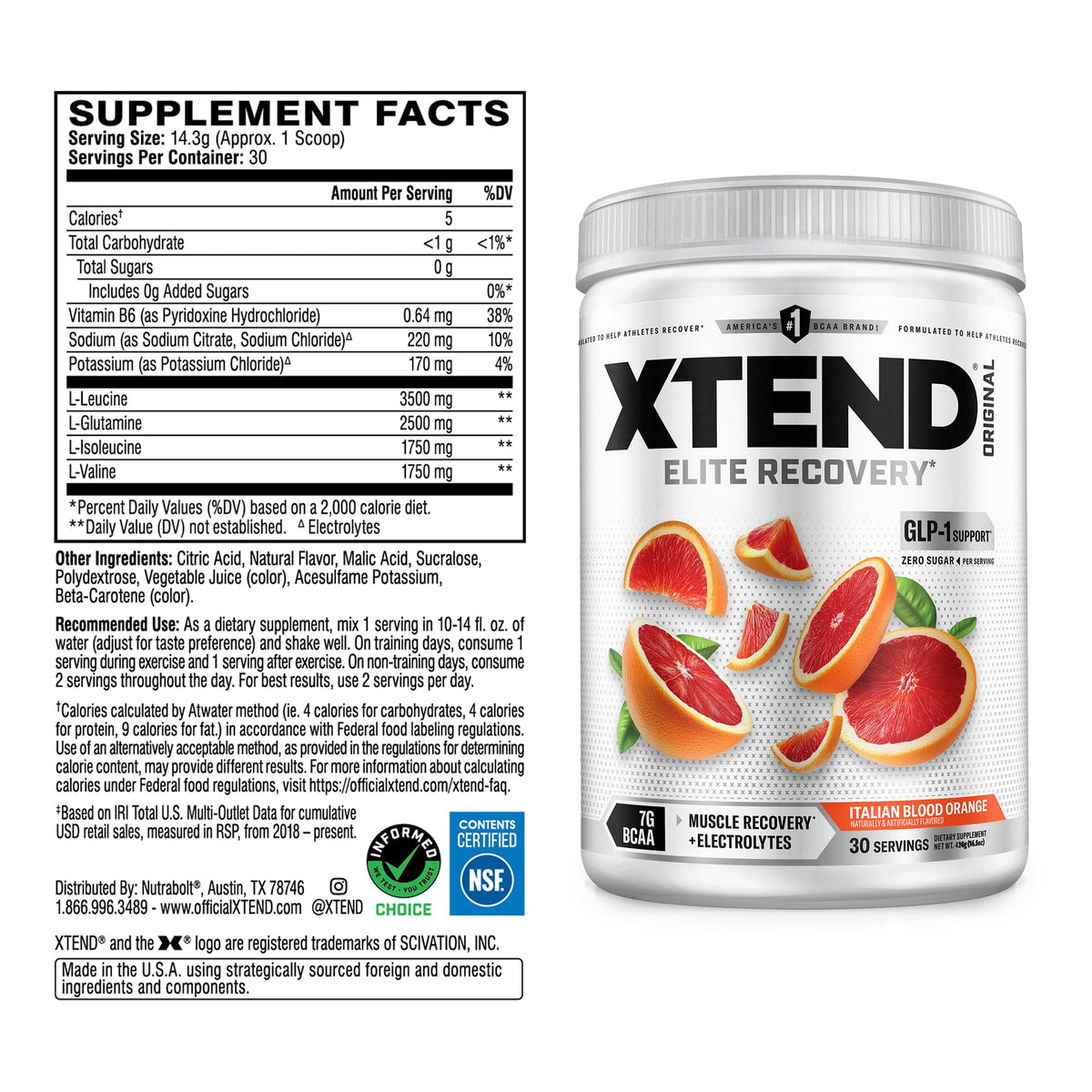 Xtend BCAA Poudre 508g orange sanguine avec cuillère doseuse