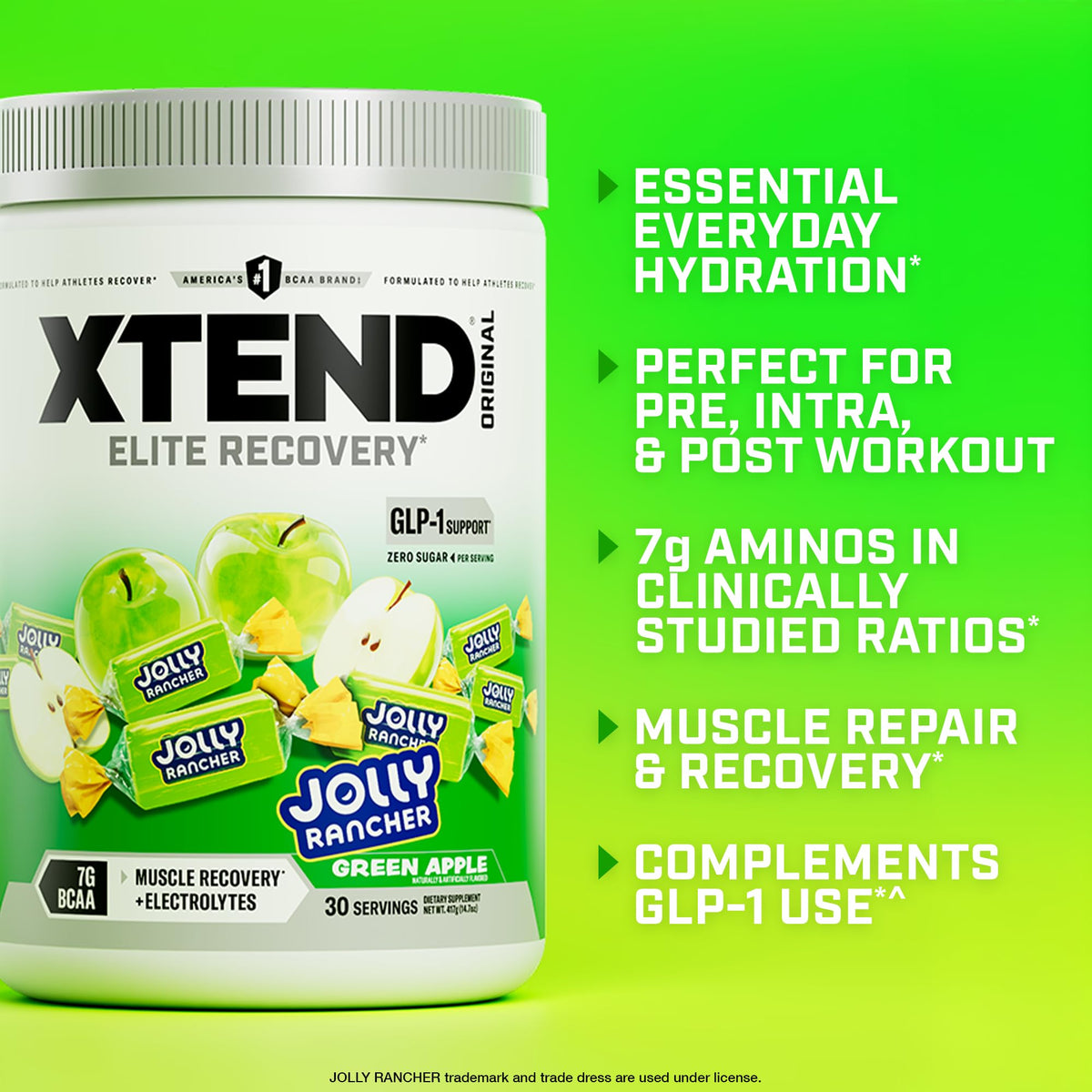 Xtend BCAA Poudre Original 500g Jolly Rancher Pomme Verte avec cuillère doseuse