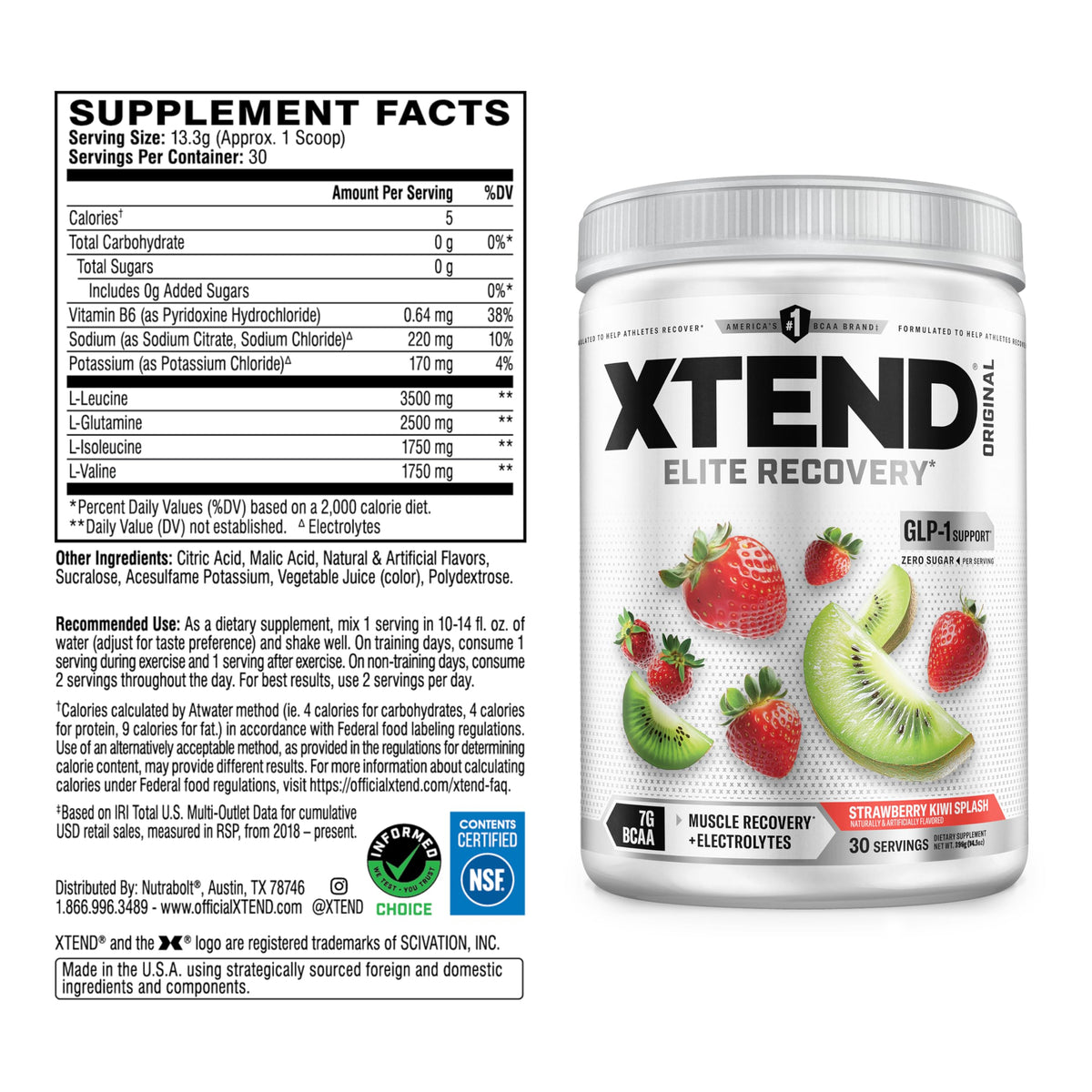 Xtend BCAA Poudre Originale 470g Saveur Fraise Kiwi avec cuillère