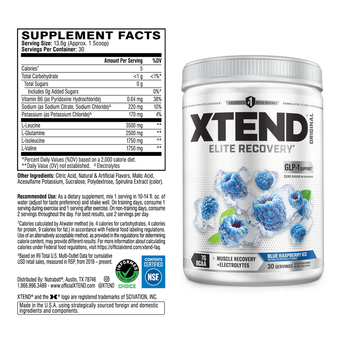 Xtend BCAA Poudre Originale 490g Framboise Bleue avec cuillère doseuse