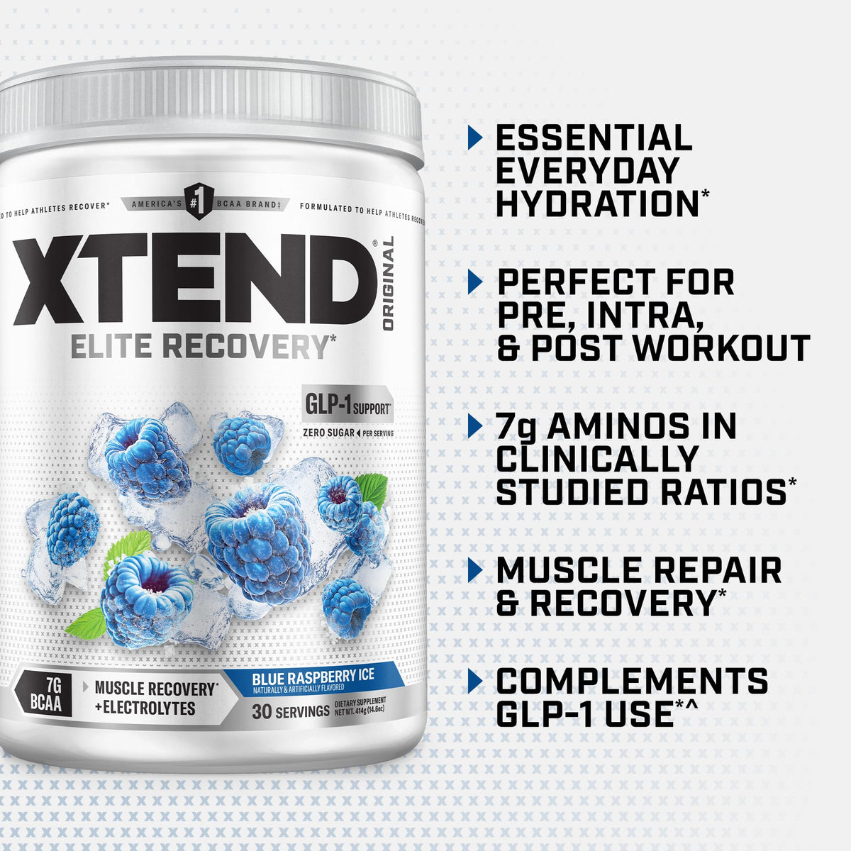 Xtend BCAA Poudre Originale 490g Framboise Bleue sur fond neutre