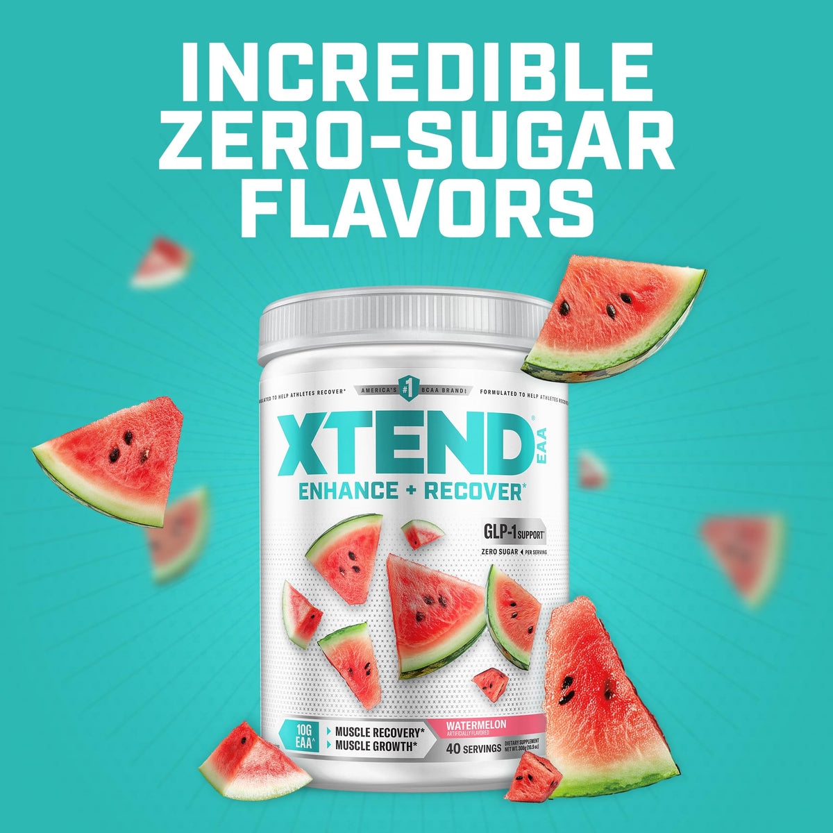 Xtend EAA + BCAA Poudre 381g avec des ingrédients frais en arrière-plan