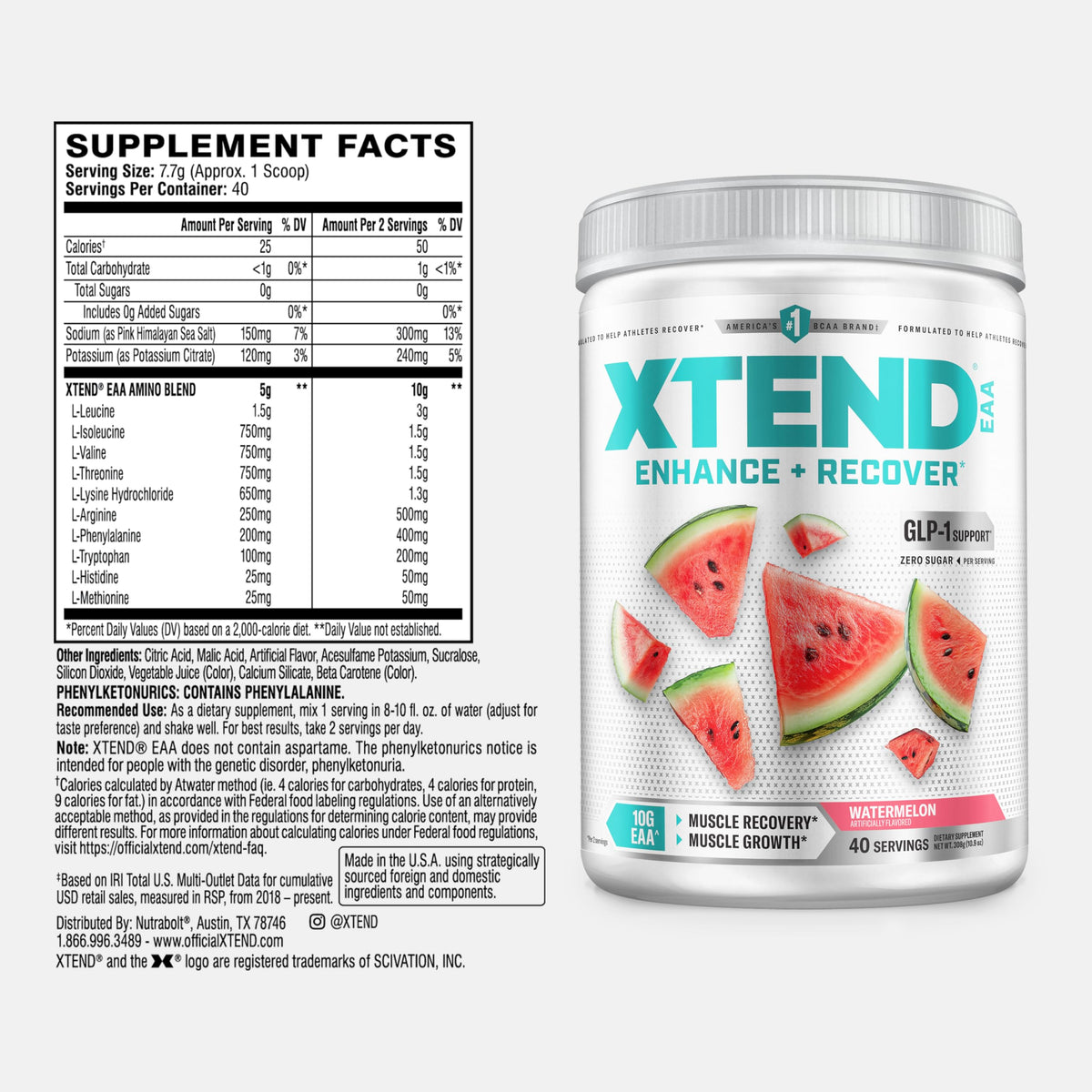 Xtend EAA + BCAA Poudre 381g vue arrière avec informations nutritionnelles