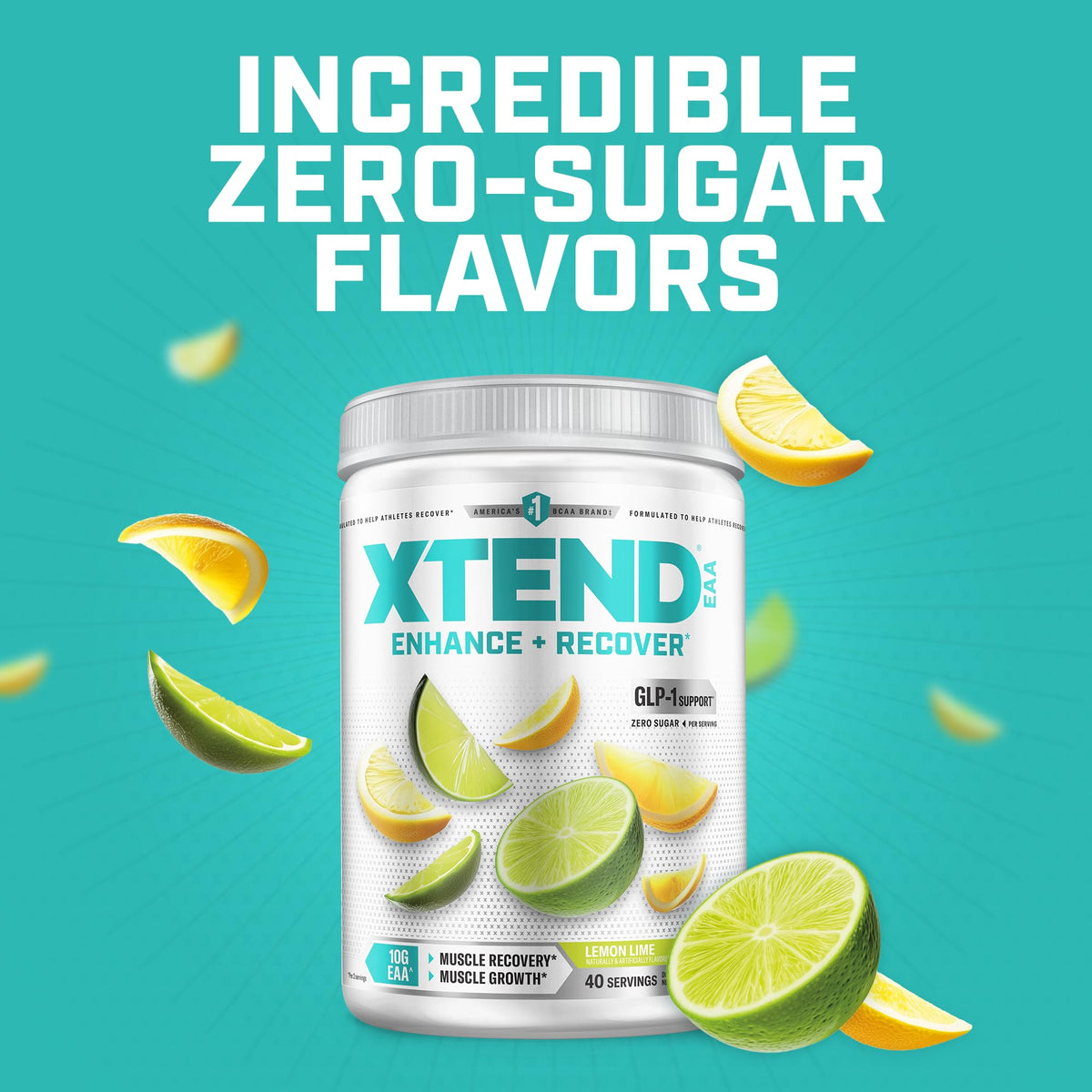 Xtend EAA + BCAA Poudre 408g sur un plan de travail avec des accessoires de sport