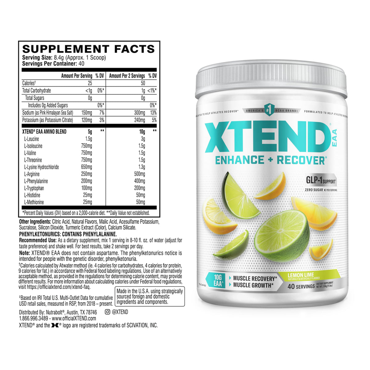 Xtend EAA + BCAA Poudre 408g vue arrière avec informations nutritionnelles