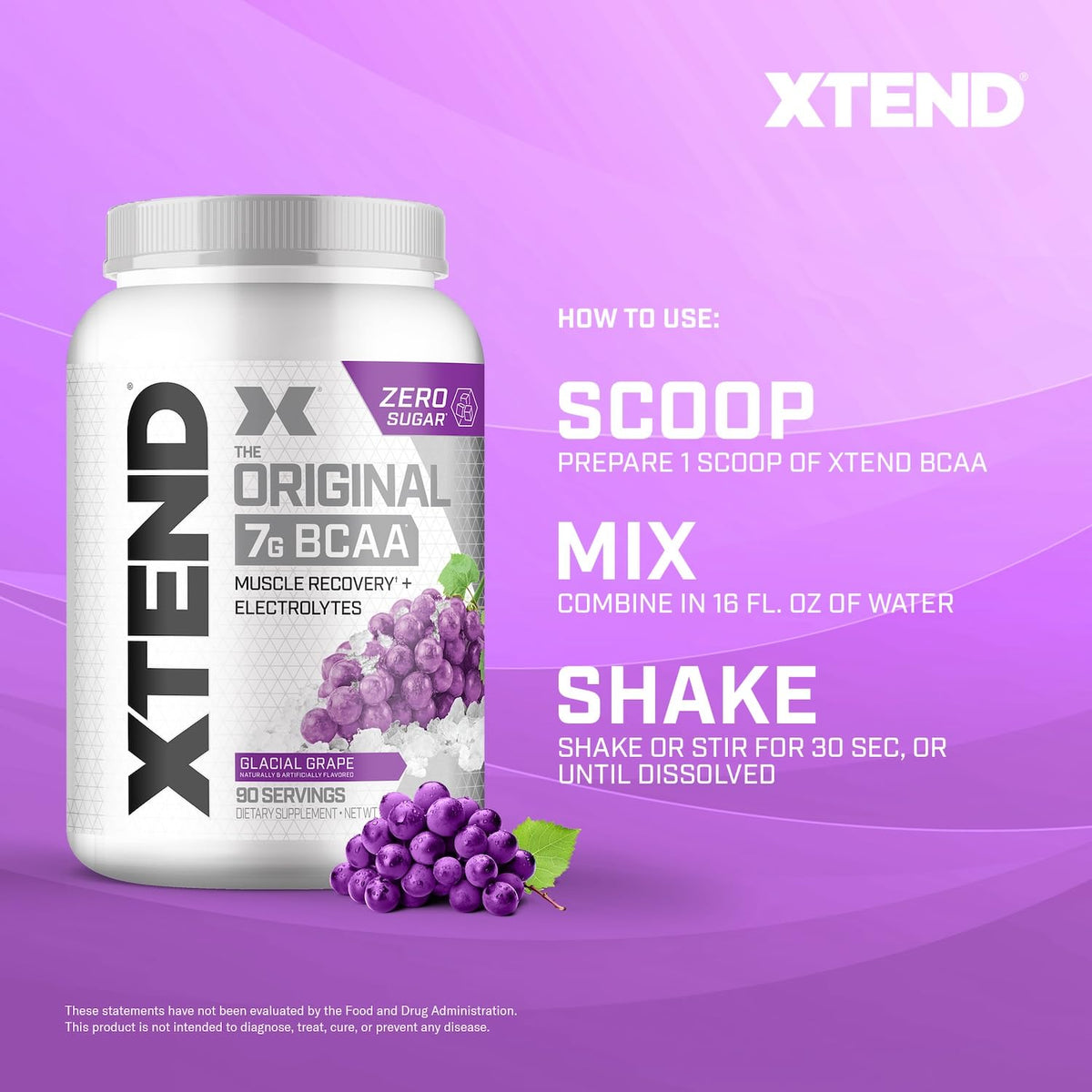 Xtend Poudre BCAA Glacial Grape 1356g en vue de près