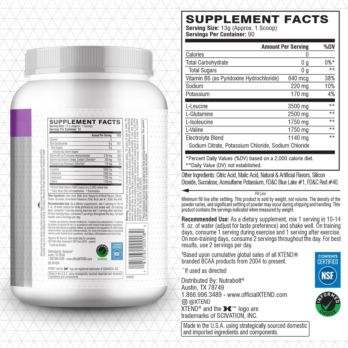 Xtend Poudre BCAA Glacial Grape 1356g vue arrière