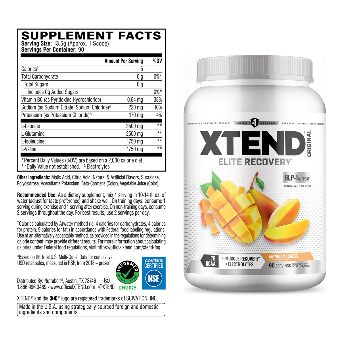 Xtend Poudre BCAA Mango Madness 1370g dos de l'emballage