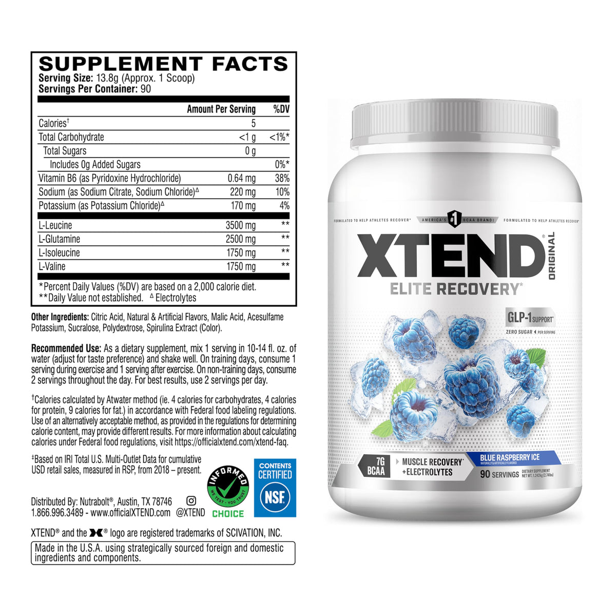 Xtend Poudre BCAA Original Framboise Bleue, étiquette des ingrédients