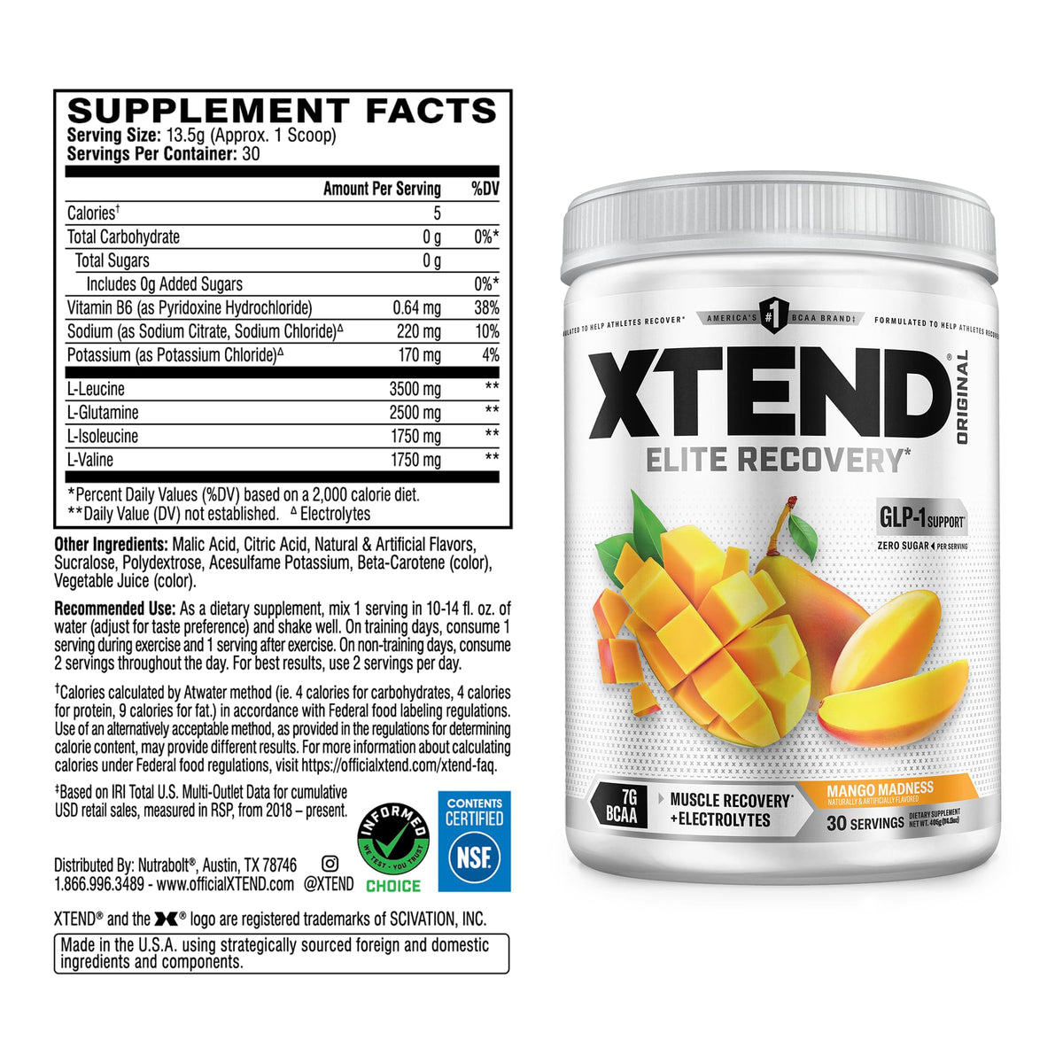 Xtend Poudre BCAA Original Mangue 472g avec étiquette