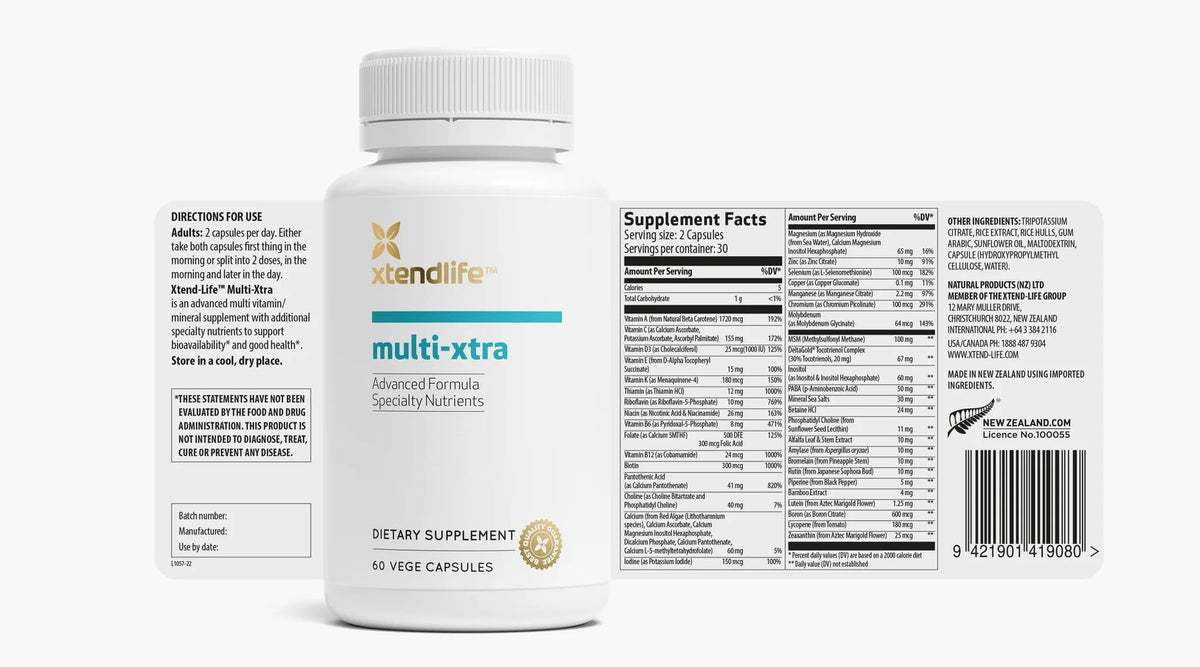 Xtendlife Multi-Xtra Complément Alimentaire ouvert avec capsules