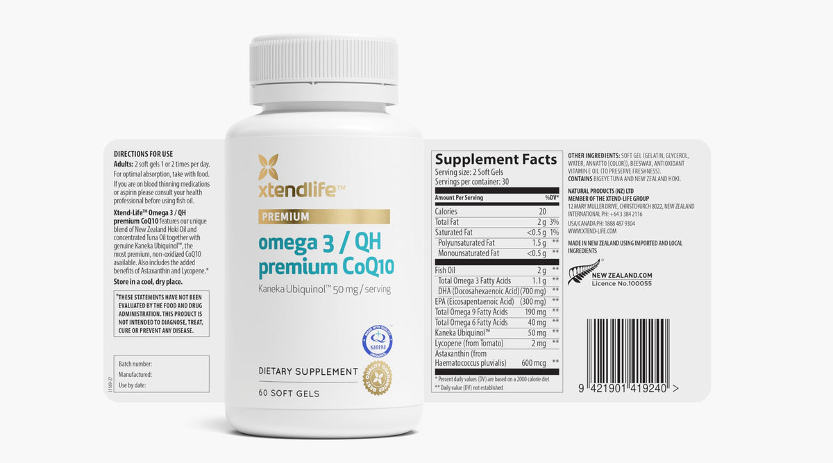 Xtendlife Omega-3 Huile de Poisson + CoQ10 en gros plan