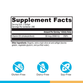 XYMOGEN D3 2000 gélules de vitamine D3, vue de l'arrière de l'emballage
