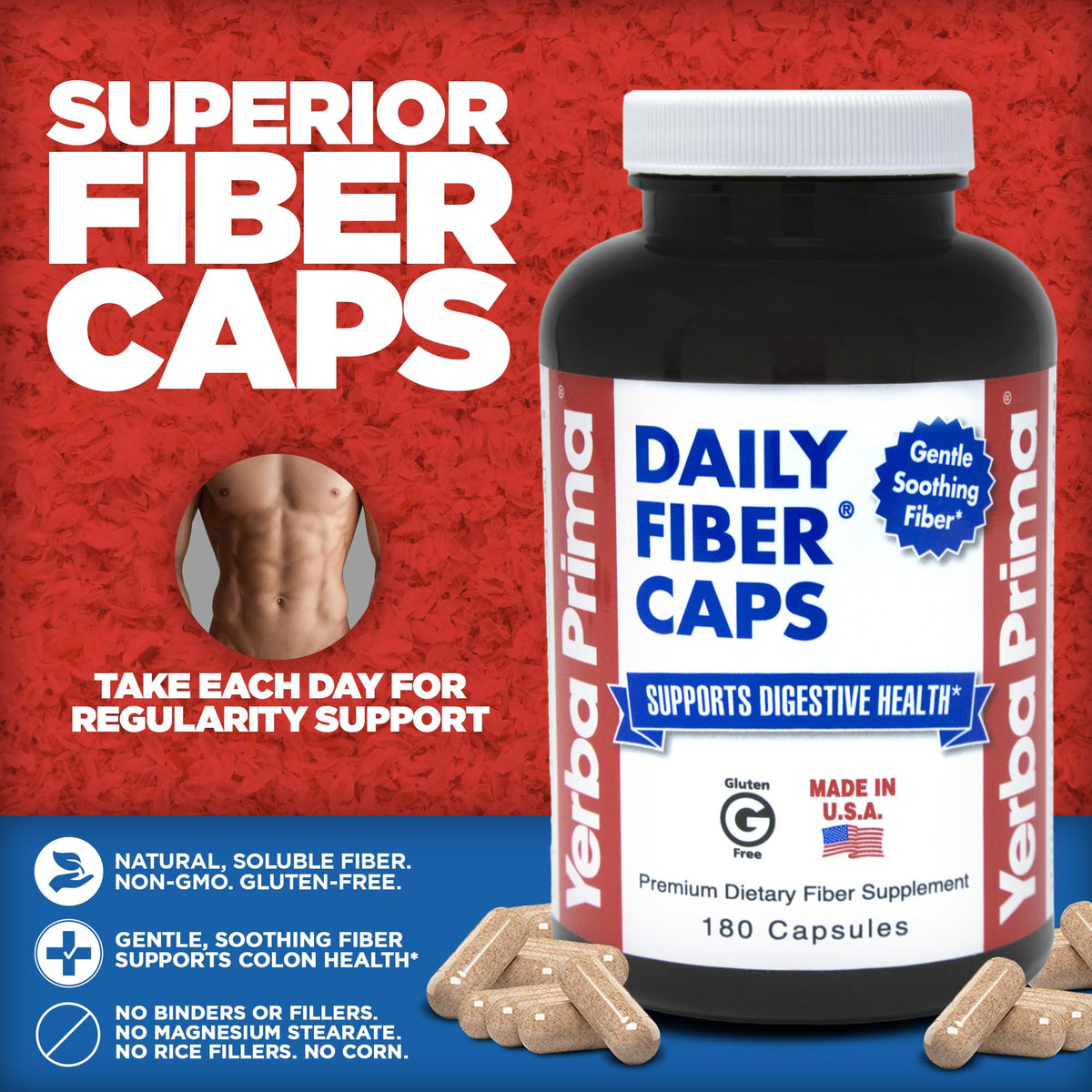 Yerba Prima Daily Fiber Caps - capsules sur fond blanc