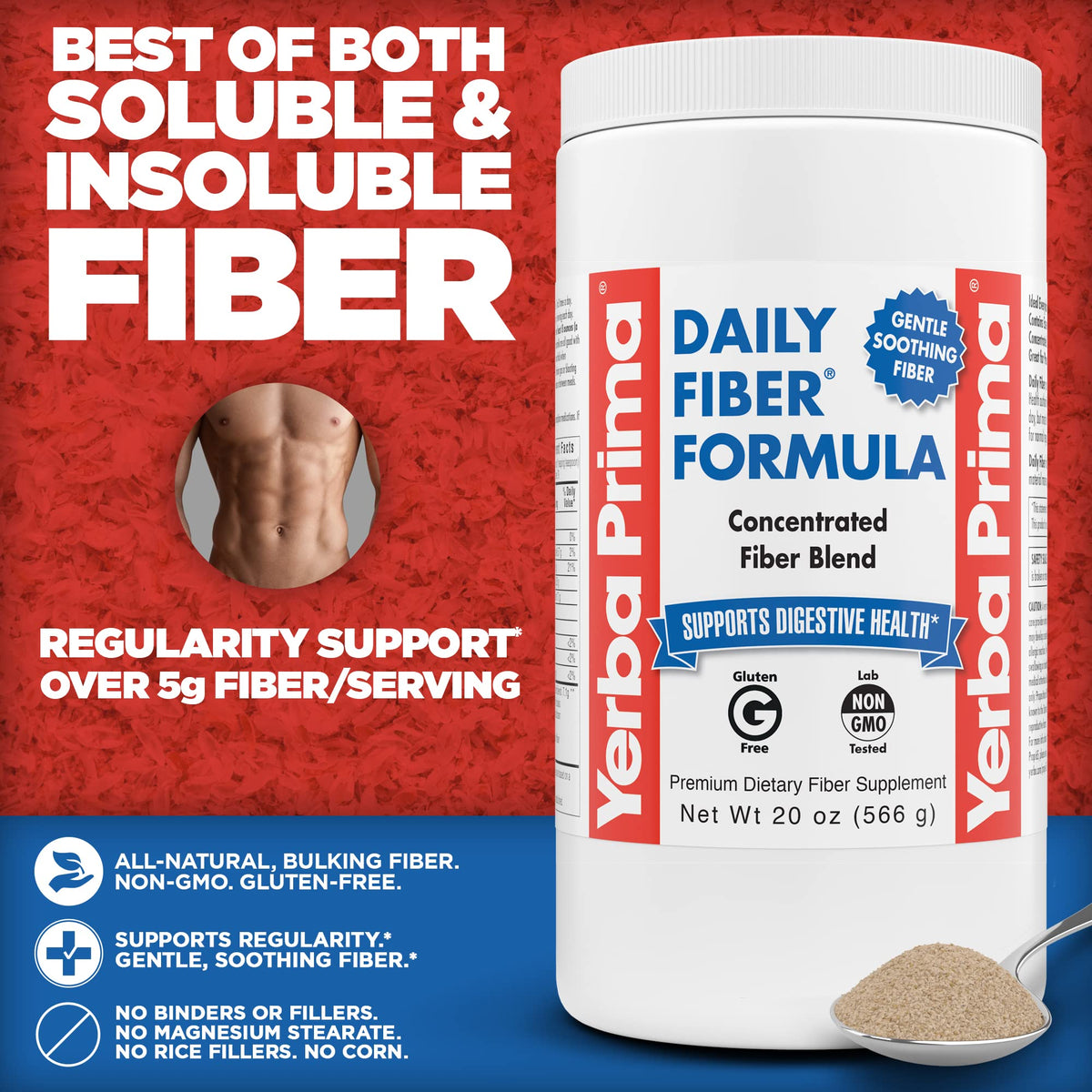 Yerba Prima Daily Fiber Formula Poudre Non Aromatisée 566 g avec un verre d'eau