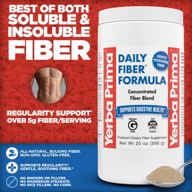 Yerba Prima Daily Fiber Formula Poudre Non Aromatisée 566 g avec un verre d'eau