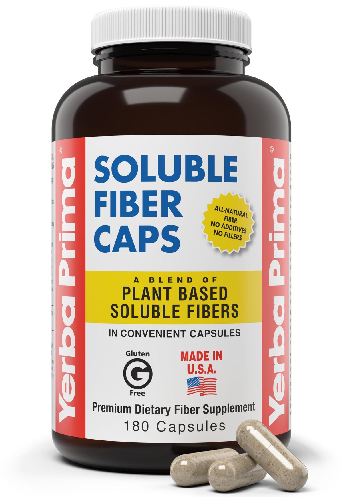 Yerba Prima Formule de Fibres Solubles Capsules 180 Comp. vue de face