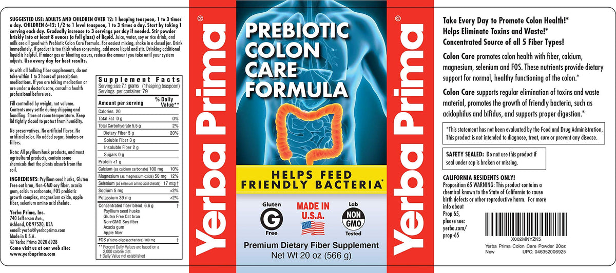 Yerba Prima Formule Prébiotique pour le Colon 20 oz Poudre avec ingrédients