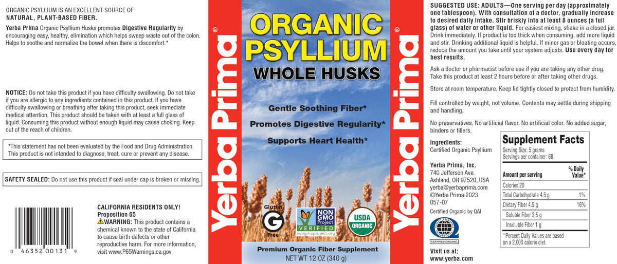 Yerba Prima Psyllium Bio 830g - étiquette avec informations nutritionnelles