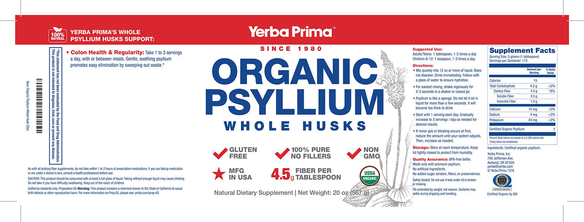Yerba Prima Psyllium Entier Bio 20 oz avec d'autres compléments alimentaires