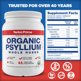 Yerba Prima Psyllium Entier Bio 20 oz vue arrière avec informations nutritionnelles