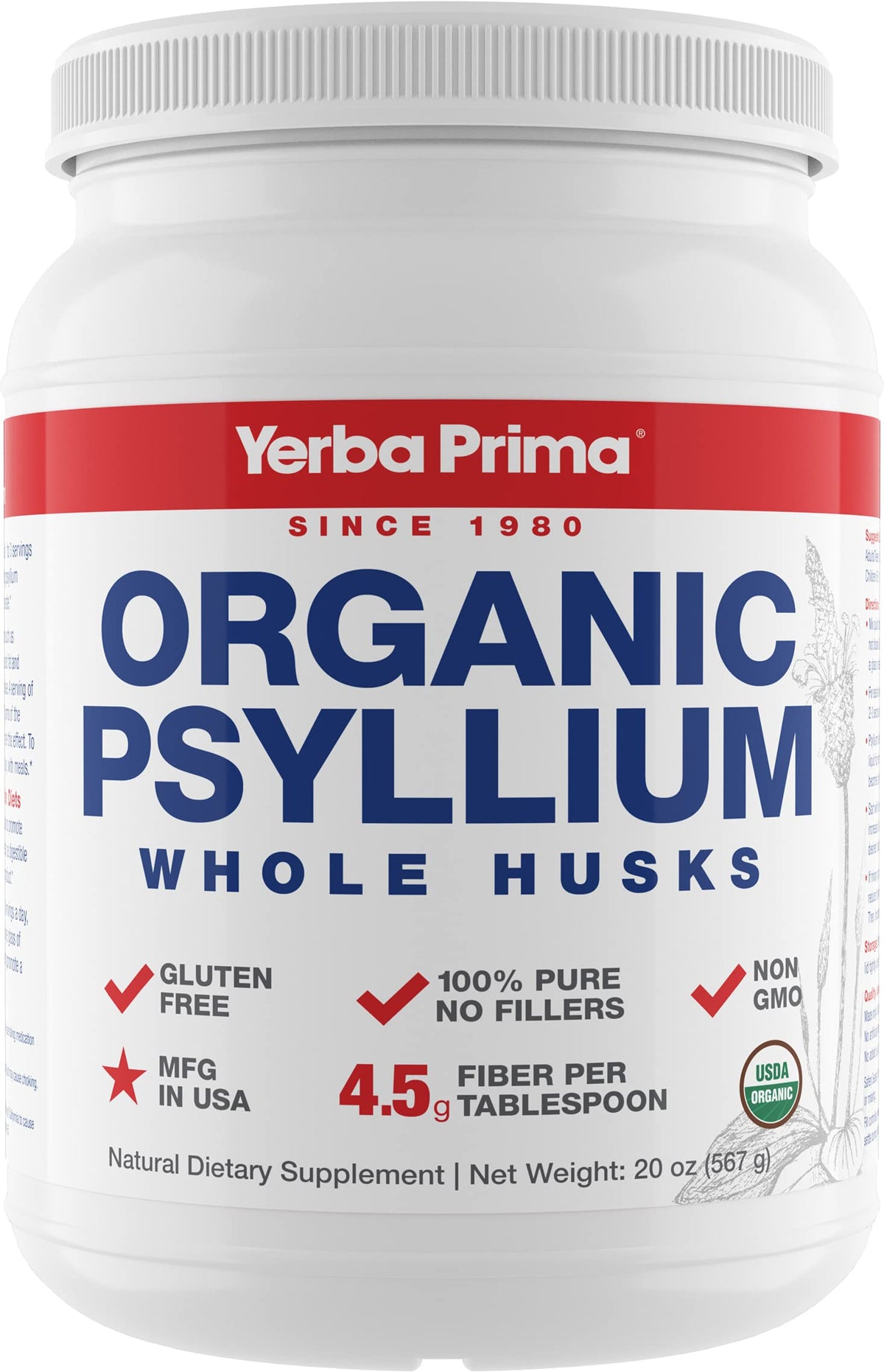 Yerba Prima Psyllium Entier Bio 20 oz vue avant avec étiquette