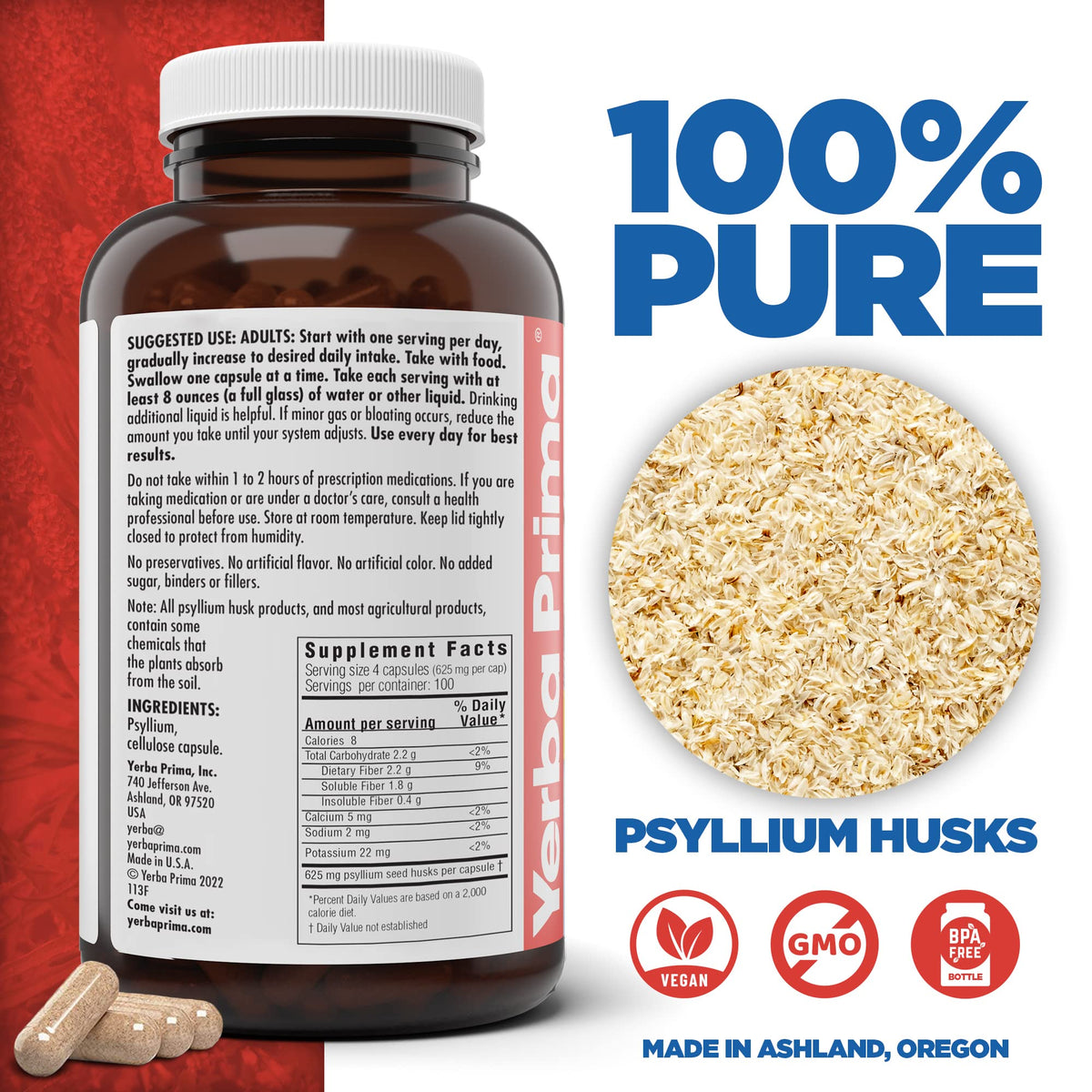 Yerba Prima Psyllium Husks Capsules 400 Veg Caps 625mg back view